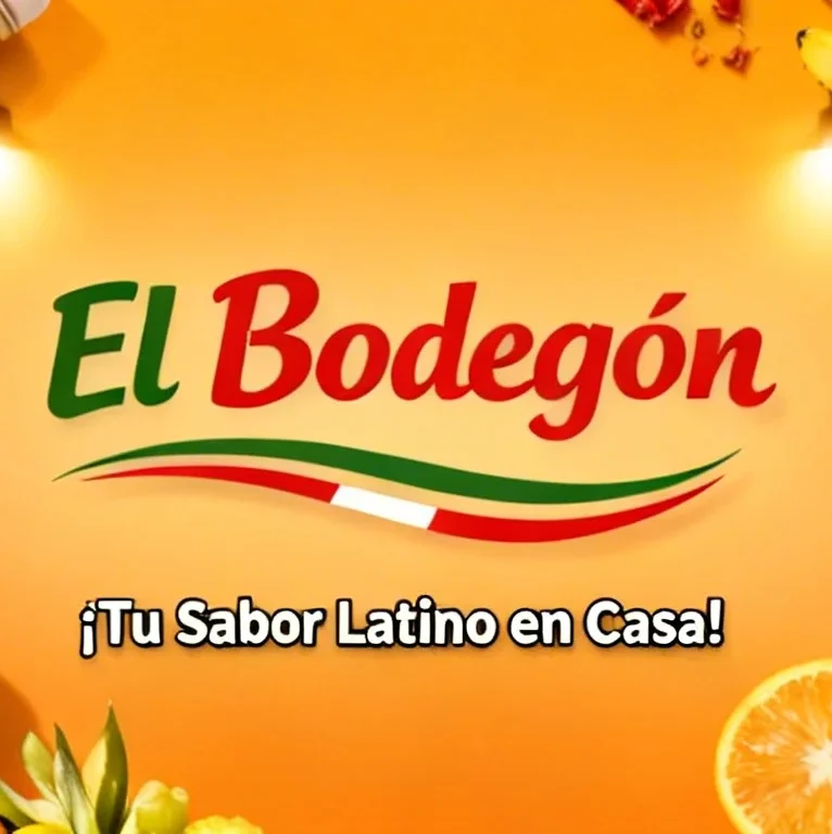 Logo de El Bodegón sobre fondo amarillo vibrante rodeado de frutas tropicales, especias y productos latinos que representan la diversidad y tradición de la tienda.